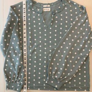 Blu Pepper Waffle Knit Polka Dot Top | Sage Green | Small | Casual Henley